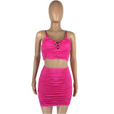 Women Strapless Pleated Crop Top and Bodycon Skirt Two-Piece Set