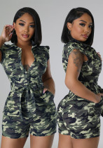 Damen Sexy Ausschnitt Umlegekragen Schnür-Camouflage-Strampler