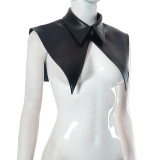 Women's Summer Solid Casual Sleeveless Button Turndown Collar Pu Leather Shawl Crop Top