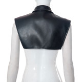 Women's Summer Solid Casual Sleeveless Button Turndown Collar Pu Leather Shawl Crop Top
