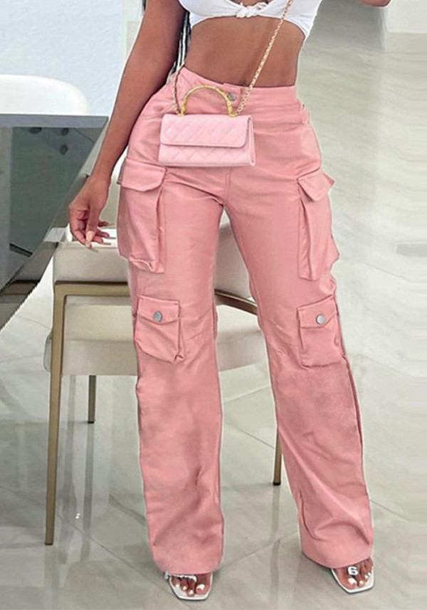 Summer Women's Fashion Cargo Pu Faux Leather Sexy High Waist Straight Leg Casual Pants