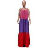 Summer Women's Patchwork Sexy Sleeveless Contrast Color Long Swing Dress