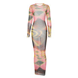 Women's Summer Fashion Printed Slim Fit Round Neck Long Sleeve Chic Maxi Dress