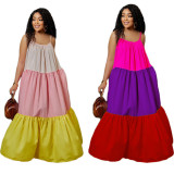 Summer Women's Patchwork Sexy Sleeveless Contrast Color Long Swing Dress
