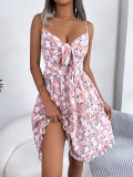 Spring Summer Casual Floral Bow Ruffle Edge Strap Dress