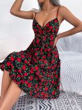 Spring Summer Casual Floral Bow Ruffle Edge Strap Dress
