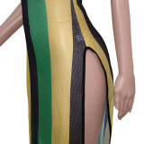 Women's summer short-sleeved striped color-block slit dress