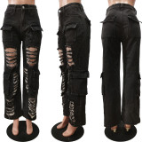 Spring Summer Fit Casual Jeans Ripped Cargo Denim Pants