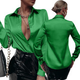 Sexy Fashion Solid Color Long Sleeve Shirt Satin Blouse