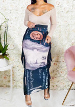 Women's Fashion Side Fringe Dollar Print Long Skirt