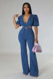 Women's Ruched Balloon Sleeves Puff Sleeves Fashion Casual Sexy Denim Cutout Jumpsuit