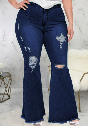 Trendige, schmale, weit geschnittene, zerrissene Jeanshose in Übergröße mit Bell-Bottom-Jeans