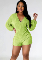 Summer Ladies Solid V-Neck Long Sleeve Sexy Fashion Jumpsuit