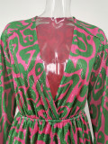 Women's Digital Printing Jumpsuit Sequin Deep V Neck Long Sleeve Jumpsuit