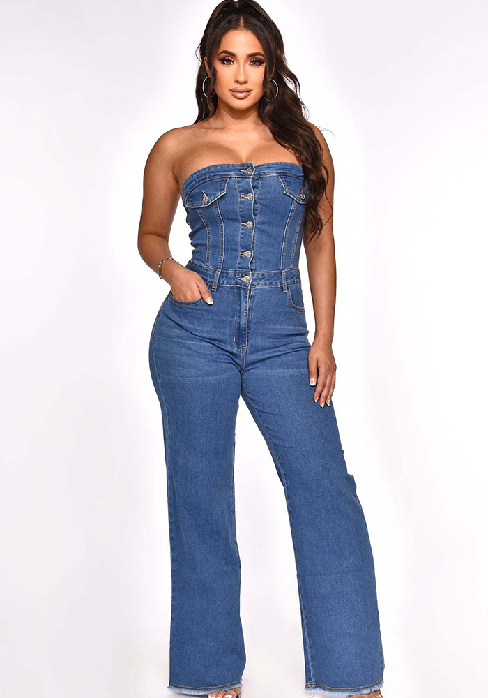 Wholesale Women's Strapless Slim Fit Micro Bell Bottom Denim Jumpsuit ...