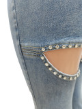 Women's Spring Summer Casual Ripped Pearl Embellished Slim Fit Denim Pants