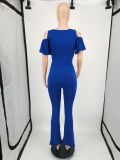 Women's Fashion Casual Two Piece Set Shoulder Cutout U Neck Top Bell Bottom Pants