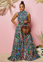 Fashion Ladies Printed Pocket Sleeveless Maxi Dress