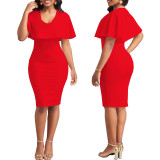 Sexy Fashion Solid Color Career Women's V-Neck Office Dress