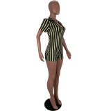 Women Stripe Deep V Short Sleeve Jumpsuit