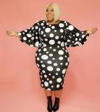 Plus Size Women Bell Bottom Sleeve Polka Dot Print Bodycon Dress