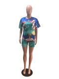 Women Printed Casual Short Sleeve Top and Shorts Two-Piece Set