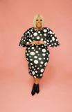 Plus Size Women Bell Bottom Sleeve Polka Dot Print Bodycon Dress