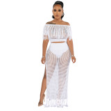 Women Sexy Off Shoulder Top And Slit Beach Dress Two-Piece Set