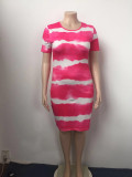 Ladies Classic Tie Dye Print Short Sleeve Plus Size Bodycon Dress