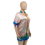 Women Casual Color Block Satin Short Sleeve Shirt