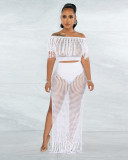 Women Sexy Off Shoulder Top And Slit Beach Dress Two-Piece Set