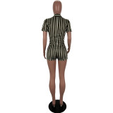 Women Stripe Deep V Short Sleeve Jumpsuit