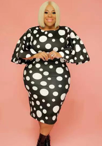 Plus Size Damen figurbetontes Kleid mit Bell-Bottom-Ärmeln und Polka-Dot-Print