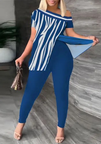 Printed Plus Size Contrasting Slash Shoulder Multicolor Slim Fit Short Sleeve Slim Fit Plus Size Set