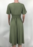 Fashion Solid Color V-Neck Short Sleeve Slim Waist Pleated Dress