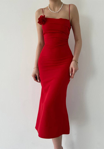 Sapan çiçekli ince kırmızı elbise yazlık Fransız lüks uzun elbise