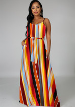 Trendy Loose Plus Size Printed Stripe Strap Dress