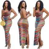 Women's Spring Summer Sleeveless Colorful Positioning Print Slit Dress