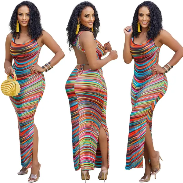 Women's Spring Summer Sleeveless Colorful Positioning Print Slit Dress