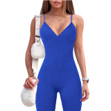 Women's Solid Color Rib Sling Deep V Tank with Chest Pad Casual Yoga Jumpsuit Ladies