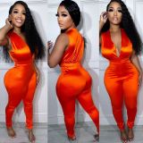 Women's Jumpsuit Sexy Deep V High Waist Solid Color Chic Pleated Slim Bodysuit