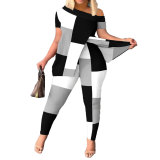 Printed Plus Size Contrasting Slash Shoulder Multicolor Slim Fit Short Sleeve Slim Fit Plus Size Set