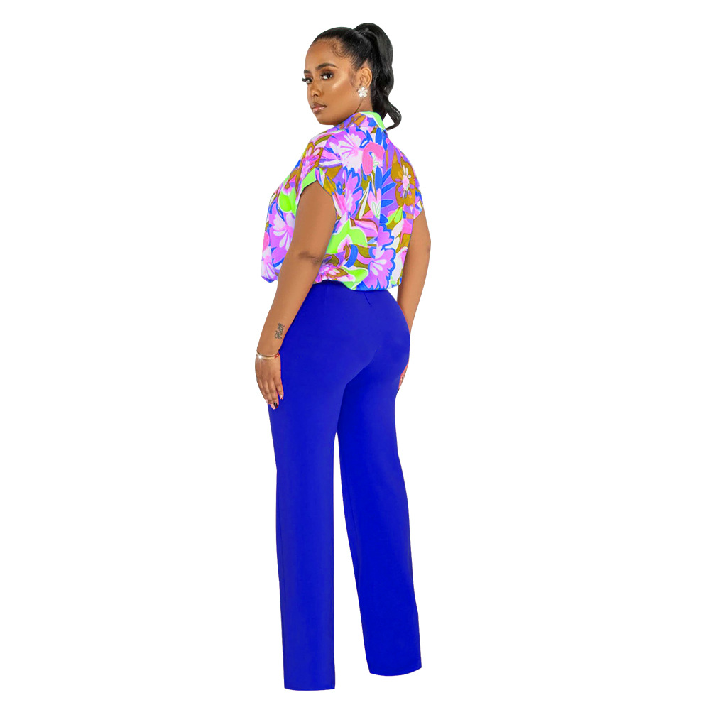 Women's Fashion Summer Printed Shirt Straight Leg Pants Suit For