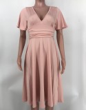 Fashion Solid Color V-Neck Short Sleeve Slim Waist Pleated Dress