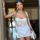 Ladies Summer Wrap Chest Off Shoulder Lace See-Through Sexy Strap Dress
