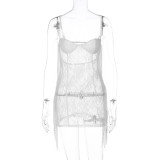Ladies Summer Wrap Chest Off Shoulder Lace See-Through Sexy Strap Dress
