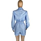 Women's Stripe Pocket Turndown Collar Zipper Long Sleeve Short Jumpsuit