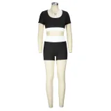 Fitness Women's Sexy Color Contrast U-Neck Short-Sleeved Crop Yoga Top Shorts Two-Piece Set