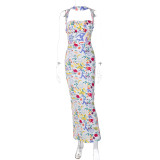 Women's Summer Multicolor Print Halter Neck Low Back Long Dress
