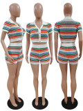 Summer Women's Sexy Knitting Contrast Color Short-Sleeved Casual Suit Two-Piece Shorts Set